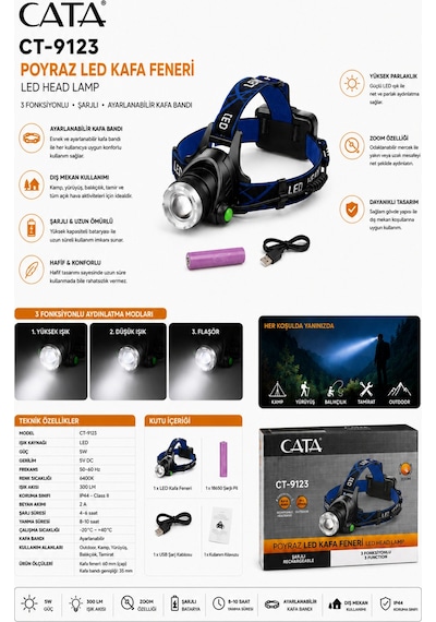 Ct-9123 Poyraz Şarjlı Led Kafa Feneri 5w 300 Lm Zoom Özellikli Ip44 Kamp Ve Outdoor Fener Diğer
