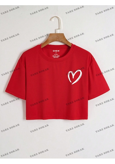 Flood Of Style Crop Ckod-232913 Kalp Desenli Kısa Kırmızı
