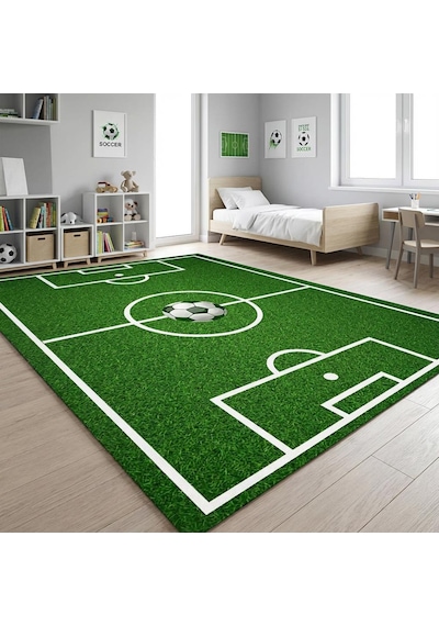 Futbol Sahası Desenli Çocuk Odası Halısı Kaymaz Tabanlı Yıkanabilir Dijital Baskı Halı Yeşil