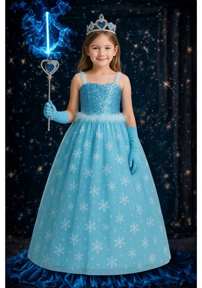 Parti Selesi Kız Çocuk Askılı Tarlatanlı Taç Asa Eldiven Hediyeli Mavi Elsa Elbise Frozen Mavi