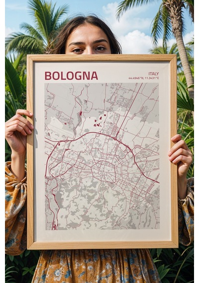 Bologna İtalya Italy Haritası Çerçeveli Tablo Lüks Salon Ofis Duvar Dekorasyonu Hediyelik Tablo Kayın