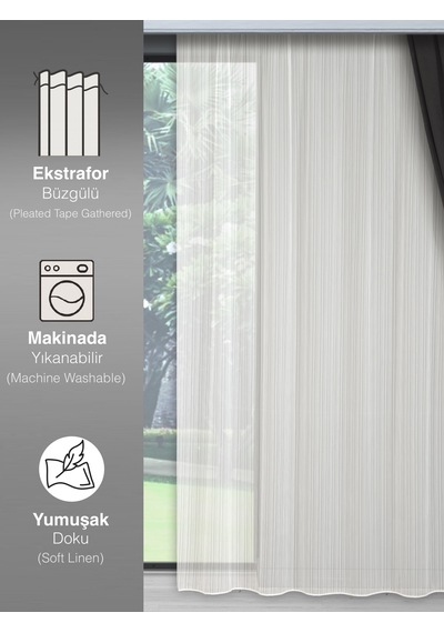 Br Demor Home Modern Çizgili Tül Perde Pilesiz Ekstrafor Büzgülü Ütü Gerektirmez En Çok Satan Model Kırık Beyaz