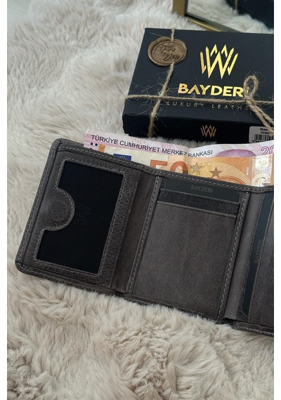 Bayderi Olis Erkek Hakiki Deri Rfid Korumalı Mıknatıs Kapamalı Kartlık Cüzdan-3528 Crazy Gri