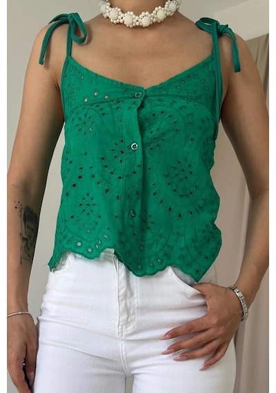 Defymoda Yeşil Bağcıklı Brode Bluz Yeşil