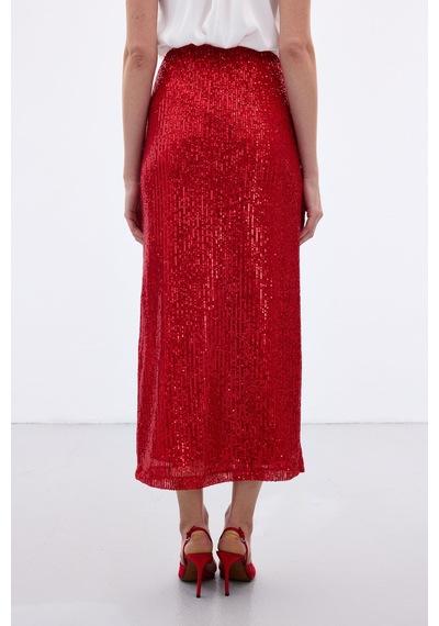 Sateen Karolin Midi Etek - Kırmızı-136653 Kırmızı