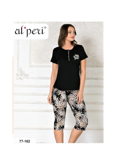 Alperi Yazlık Kısa Kol Kadın Kapri Pijama Takımı Siyah