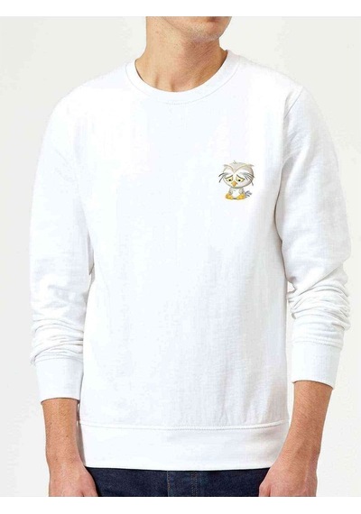 Üzgün Ağlayan Baykuş Göğüs Baskılı Beyaz Erkek Örme Sweatshirt