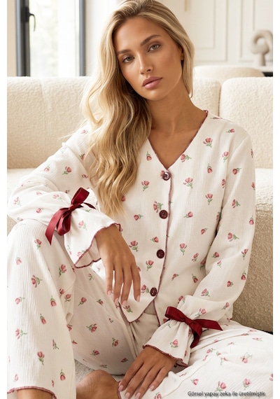 Siyah İnci Desenli Bürümcük-krınkıl Kurdele Detaylı Düğmeli Hırka Pijama Takım 26223921 Ekru Lale