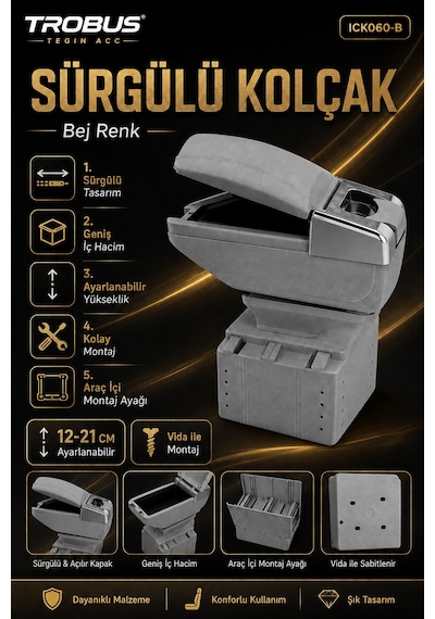 Trobus Fiat Stilo 2001-2007 Uyumlu Premium Gri Sürgülü Ayarlanabilir Ayaklı Kolçak Kol Dayama