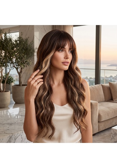 Daalı Uzun Perçemli Fiber Sen Peruk / Karamel Balyajlı Kestane Kahve 2466863