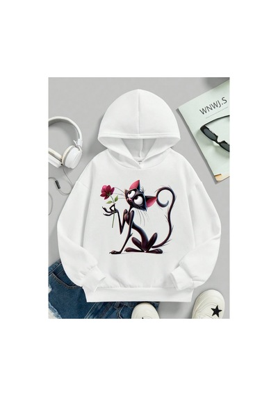 Stil X Sevimli Kediler Baskılı Kapüşonlu Çocuk Sweatshırt Beyaz-2