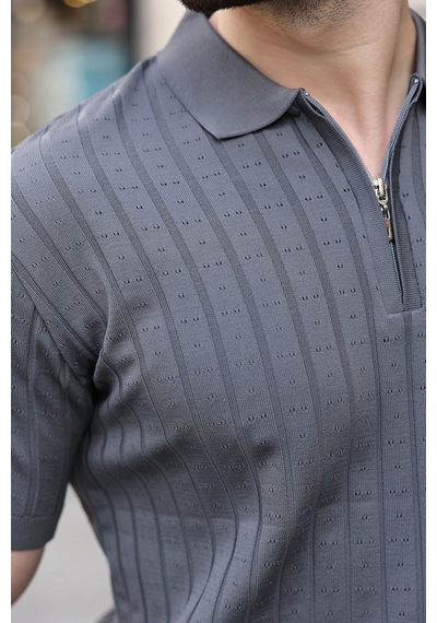 Antrasit Polo Yaka Slim Fit Triko Erkek Tişört E7465 Antrasit