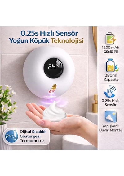 Coofbe Duvar Askılı Şarjlı 280ml Otomatik Sensörlü Sabunluk Ve Termometre Ekranlı Sensörlü Sabunluk Beyaz