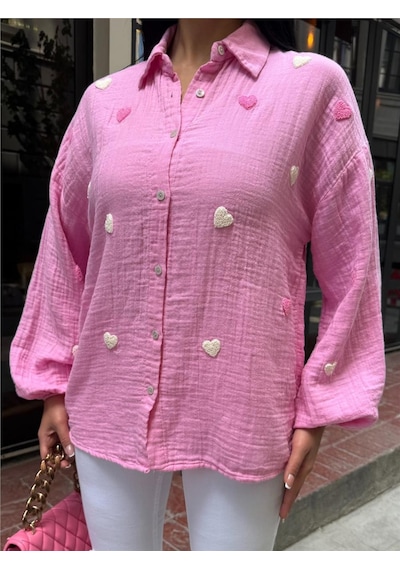 WeShaya Pembe Müslin Nakışlı Viskon Gömlek Pembe