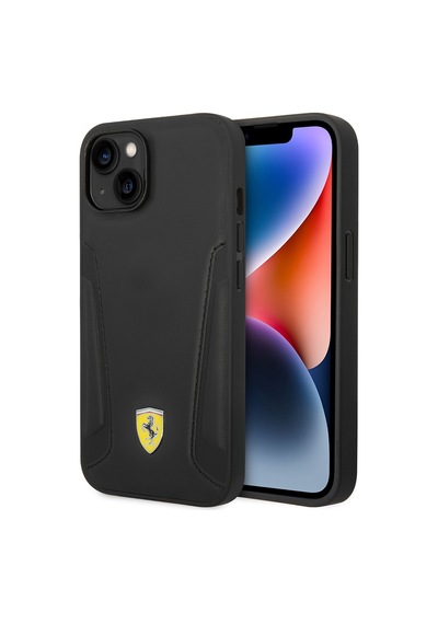 Apple Uyumlu iPhone 14 Plus Kılıf Ferrari Lisanslı Magsafe Deri Kenarları Damgalı Dizayn Kapak Siyah