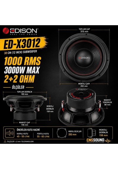 Edison Ed-x3012 Oto Subwoofer, 30 Cm, 1000 Rms 3000w, 2+2 Ohm Çift Bobin
