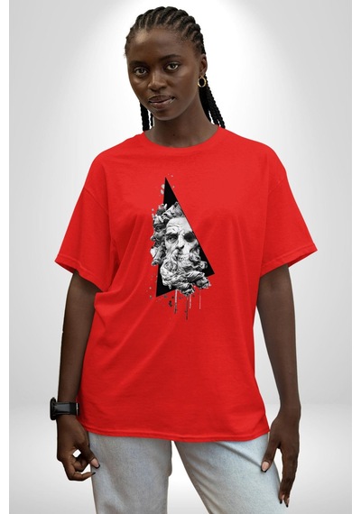 Poseidon Felsefe Pamuklu Bisiklet Yaka Unisex Oversize Boyfriend Dijital Baskılı Kırmızı T-shirt Kırmızı