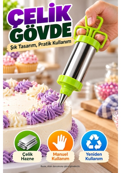 Pasta Süsleme Seti Krema Şırıngası Çelik Gövde Üç Uçlu Spatula Kek Cupcake Dekorasyon Mutfak Aparatı Çok Renkli