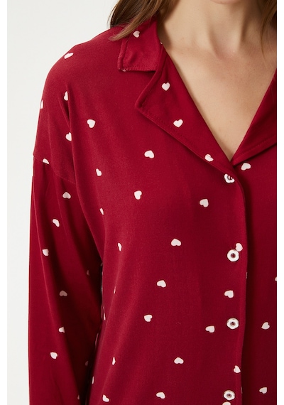 Ritnice Kadın Sweety Extra Soft Bordo Kalpli Pijama Takımı Bordo