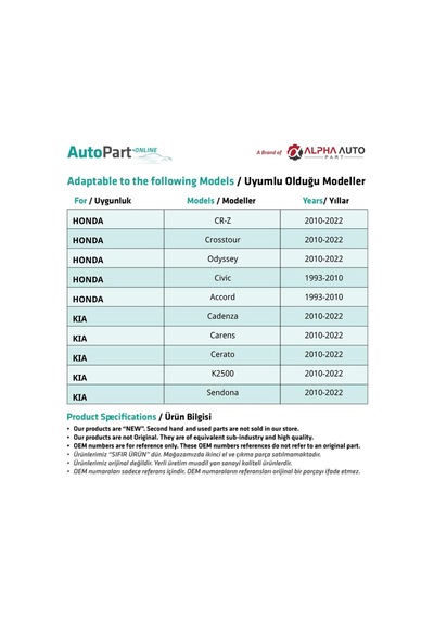 Ford, Mazda, Kia, Honda İçin Davlumbaz Klipsi
