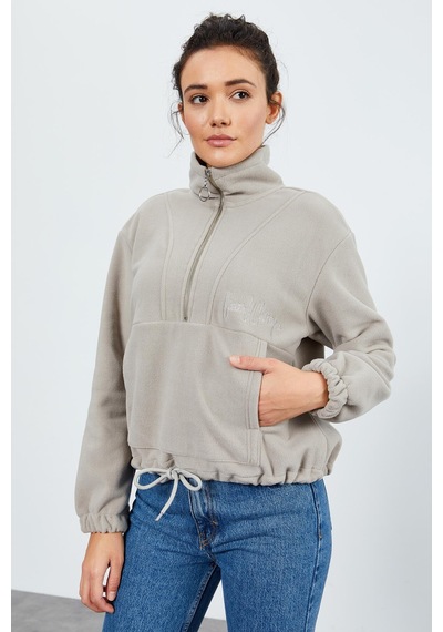 Tommy Life Koyu Bej Yarım Fermuar Etek Ucu Büzgülü Kadın Polar Oversize Sweatshirt - 97171 Koyu Bej