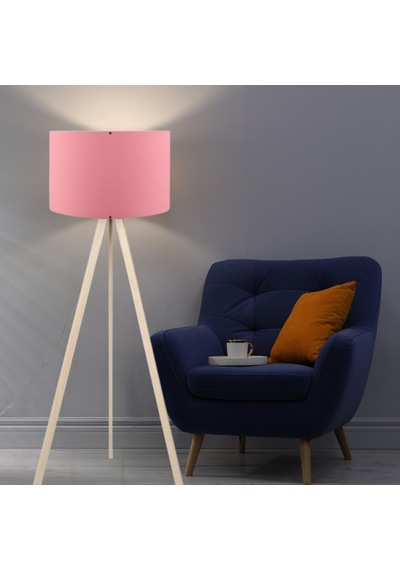 Pratik Ahşap Krem Üç Ayaklı Tripod Lambader Pembe Kumaş Başlık Salon Oturma Odası Köşe Lambası Pembe