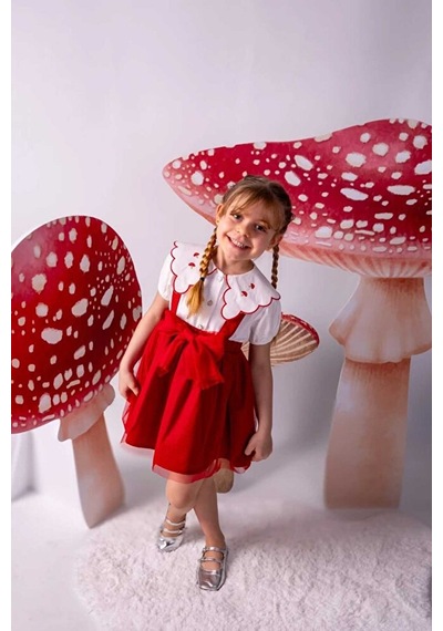 Ministok Mushroom Yakası Nakış Detaylı Askılı Tütü Etekli İkili Kız Çocuk Kırmızı