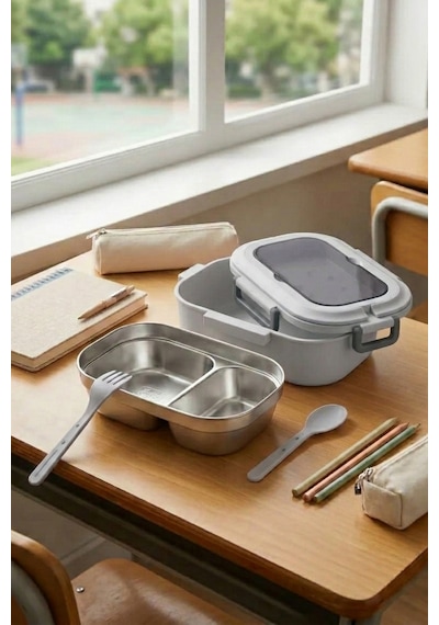2 Bölmeli Kaşık Çatallı Paslanmaz Çelik Yemek Kabı Lunch Box Sefer Tası Beslenme Kabı Gri