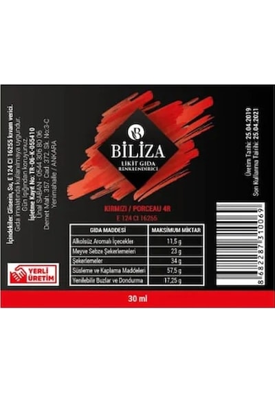 Biliza Sıvı Gıda Boyası Kırmızı 30 ML