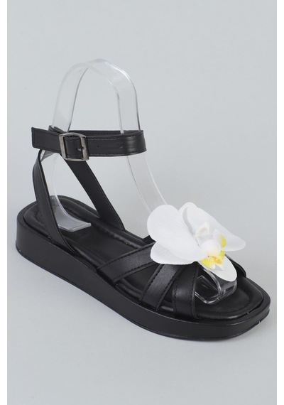 Shoetek Ellisa Kadın Sandalet Çapraz Bantlı Çiçekli Siyah Deri Siyah