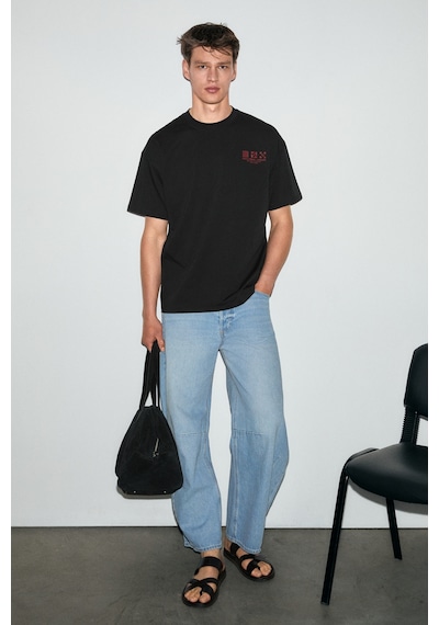 Grimelange Grımelange Antonıo Erkek Baskı Detaylı %100 Organik Pamuk 3 İplik Örme Oversize Siyah T-shirt
