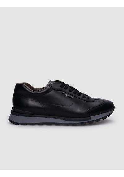 %100 Hakiki Deri Siyah Bağcıklı Erkek Sneaker-siyah Siyah