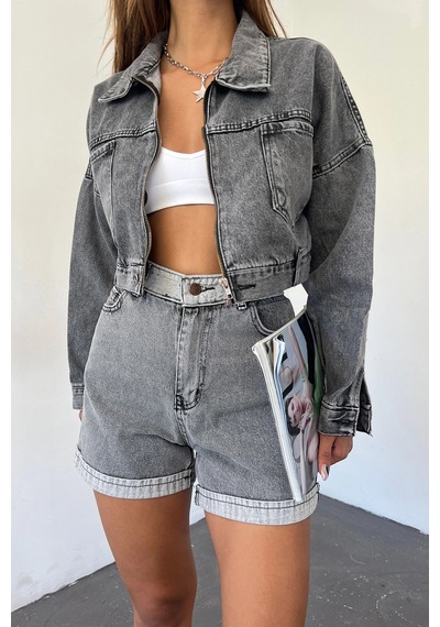 Koyu Antrasit Çift Cepli Fermuarlı Yıkamalı Crop Denim Ceket Bcdf-235410 Çok Renkli