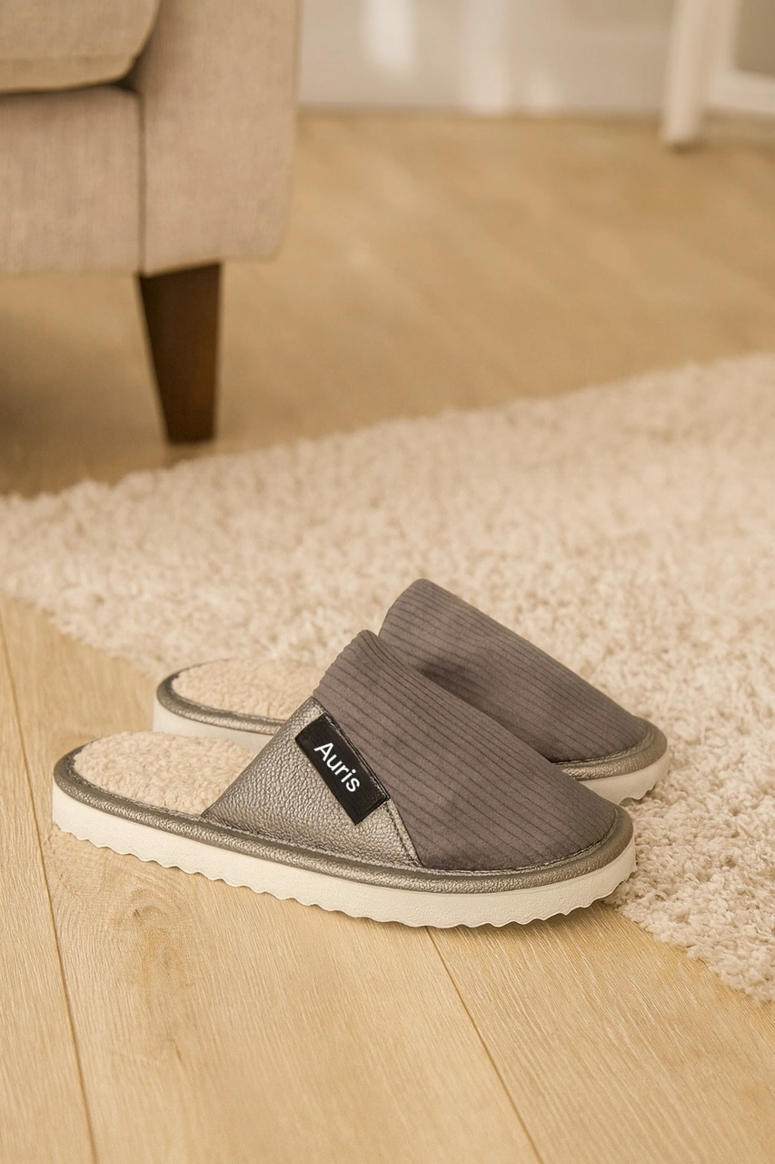 Ar-060 Unisex Kadife Kumaş İçi Kürklü Kışlık Ev Terliği Gri