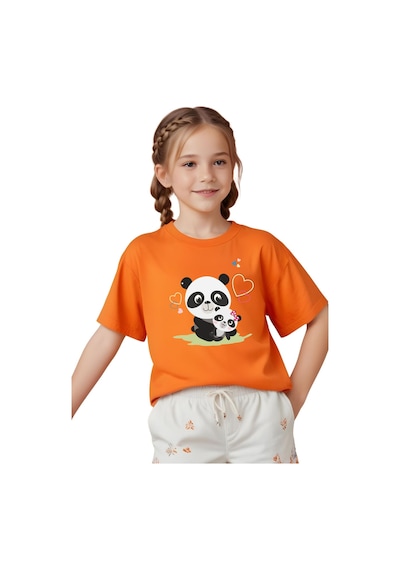 Panios Kids Mother Panda Baskılı Kız Çocuk Kısa Kollu T-shirt Turuncu