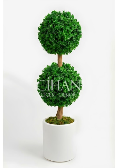 Yapay Çift Katlı Top Şimşir Ağacı U.v. Dayanıklı 100 Cm Şimşir Çapı 35 Cm Plastik Silindir Saksılı Beyaz