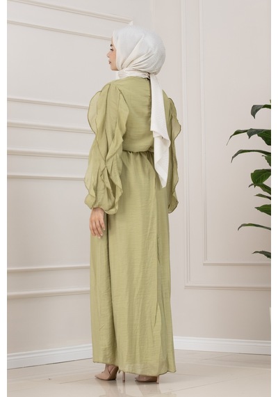 Sevitli Kolları Fırfır Detaylı Simay Elbise-yeşil-5795