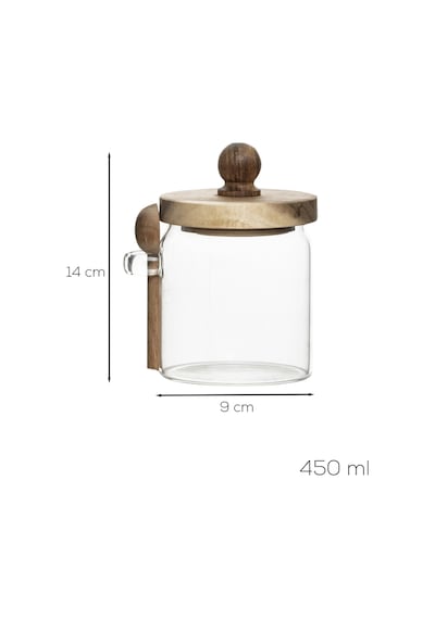 Porsima Lm-0057 Bambu Kapaklı Bambu Kaşıklı Cam Şekerlik Sunumluk Bal Ve Reçel Kavanozu Saklama Kabı 450ml Cam - Şeffaf