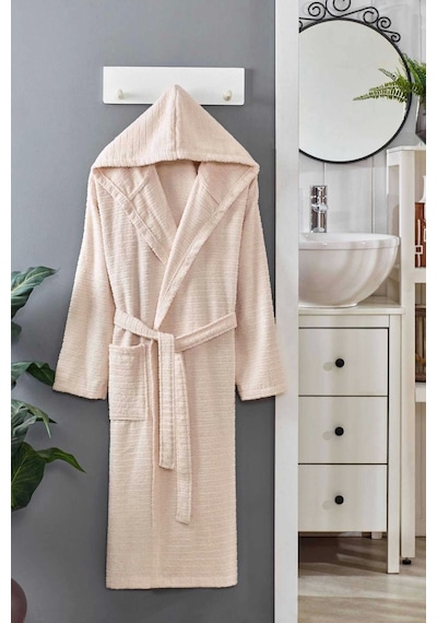 Kapüşonlu Unisex Banyo Bornozu %100 Soft Pamuklu Krem S-m Diğer