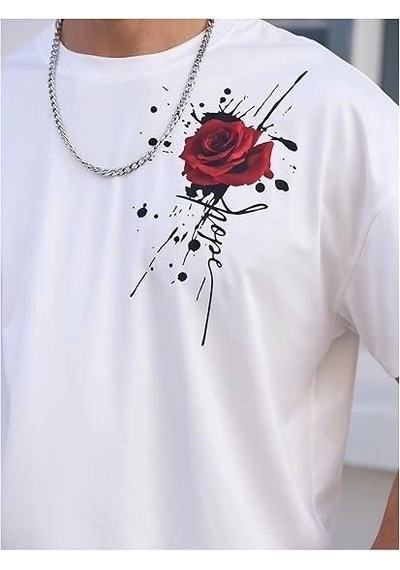 Erkek Bisiklet Yaka Kısa Kol Baskılı T-shirt - Beyaz Siyah