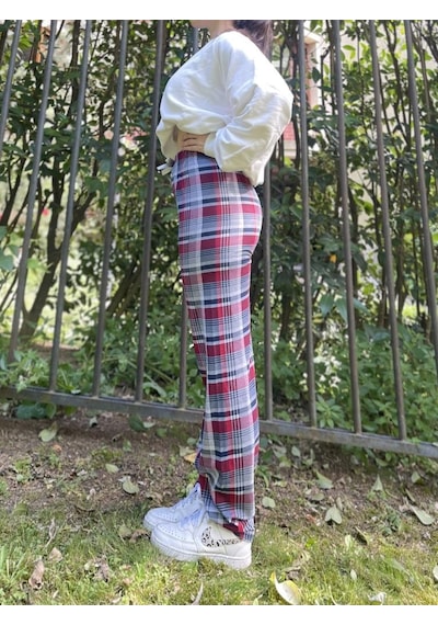 Kadın Pamuklu Ekose Desenli Pijama Altı Eşofman Kurdeleli
