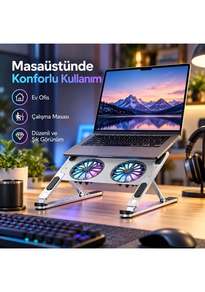 Çift Fanlı Laptop Soğutucu Stand, 8 Kademeli Ayarlanabilir Metal Stand P-11