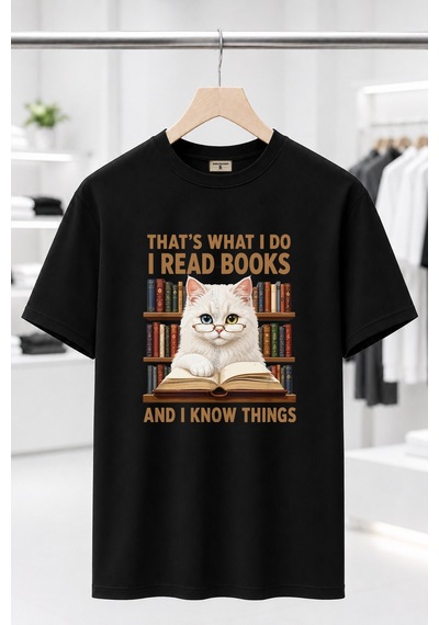 Bayloranzzo The Reader Cat %100 Pamuk Heavy Cotton Premium Kalite Kadın Tişört Siyah