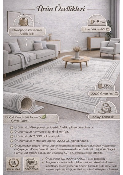 Hav Yüksekliği 462.000 Nokta 2200 Gr/m² Mikropolyester Akrilik Pamuk Jüt Taban Salon Halısı Krem
