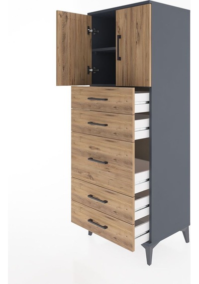 Hyperion Dolap 2 Raflı 5 Çekmeceli 2 Kapaklı 60x44x163 Antras... Antrasit