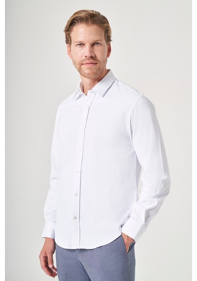 İmza Beyaz Sert Yaka Uzun Kol Cepsiz Slim Fit Pamuklu Gömlek 1004260213