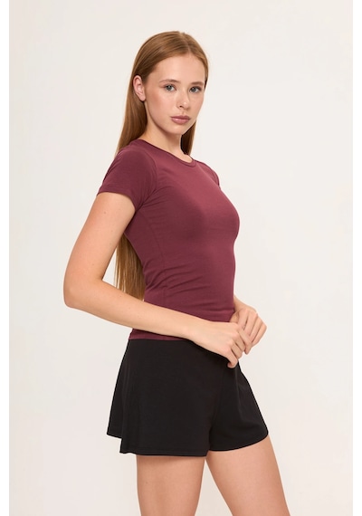 Zoor Ultra Soft Penye Modal Yuvarlak Yaka Kısa Kollu Bluz Bordo