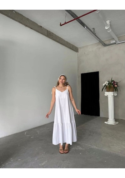 Poplin Kumaş Ayarlanabilir Askılı Elbise BEYAZ
