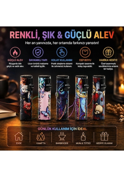 Led Işıklı Rüzgar Çakmağı - Karışık Desenli - İpli Renkli