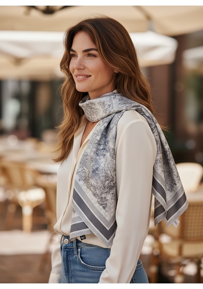 Miorel Scarfs Safari Tema Çift Taraflı Vual İpek Eşarp Silk Scarf Hijab Aksesuar Fular Cd Desen Gri